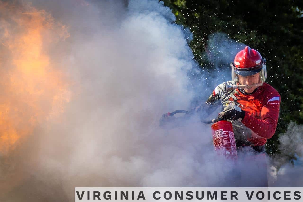 firefighter, firefighting, fire extinguisher