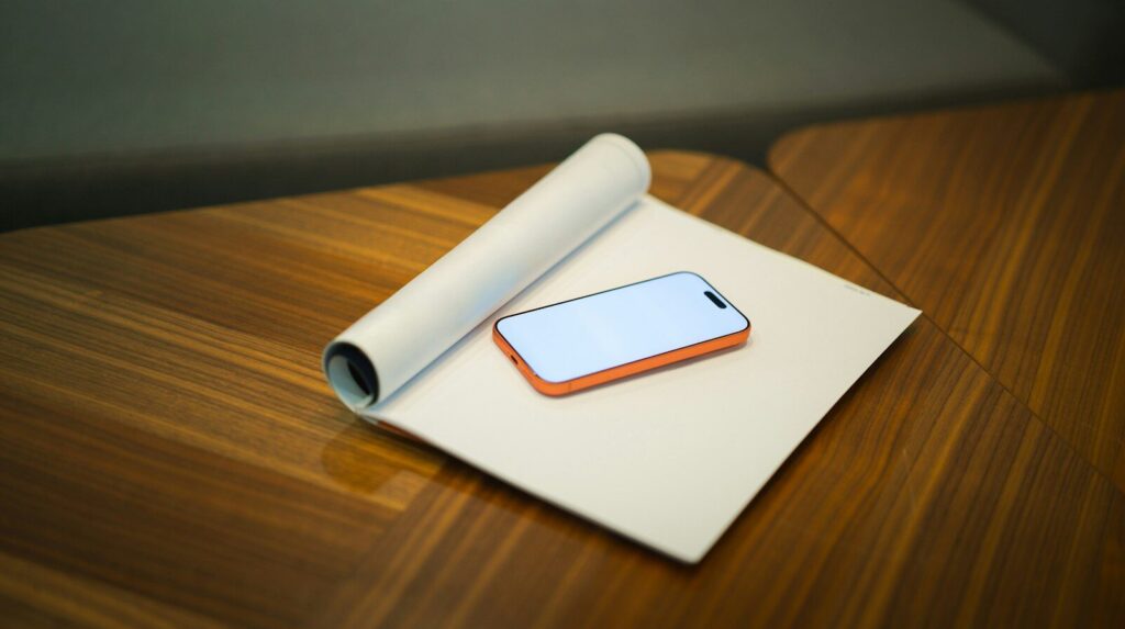 Mesa de madera con un móvil y un papel enrollado, preparada para trabajar
